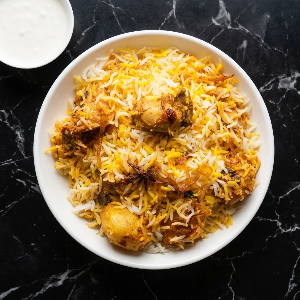 Traditional Hyderabadi dum biryani with basmati rice and slow-cooked meat at Hyderabad Biryani House, Fraser Street Vancouver