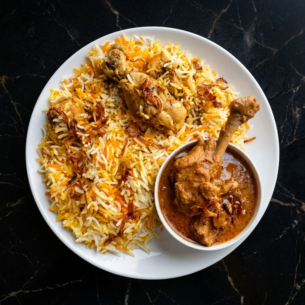 Chicken Biryani Combo meal with curry, raita and salan at Hyderabad Biryani House Vancouver